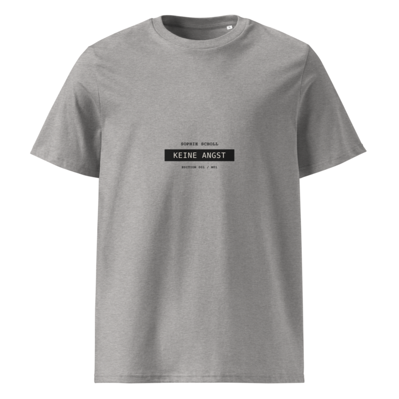 Sophie Scholl – Keine Angst | Creator 2.0 · Heather Grey · unisex-organic-cotton-creator-2.0-t-shirt-heather-grey-front-6a9e63578cdf2.png