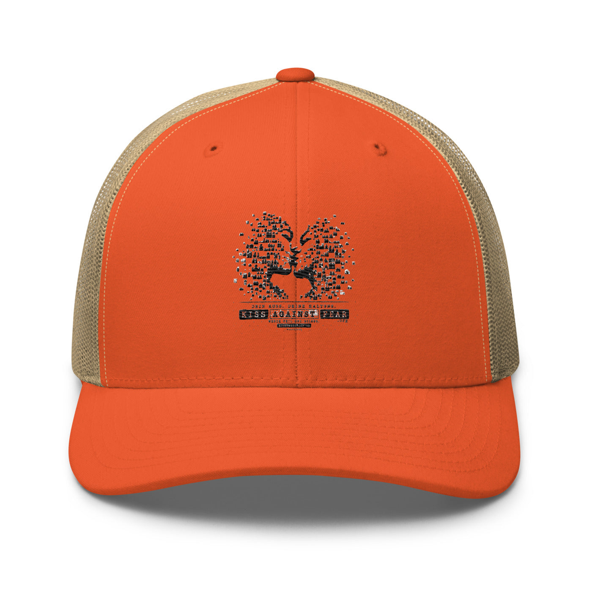 Kiss Against Fear – Deutsch – Retro-Trucker-Cap – Rustic Orange/ Khaki – großes Original-Stickmotiv