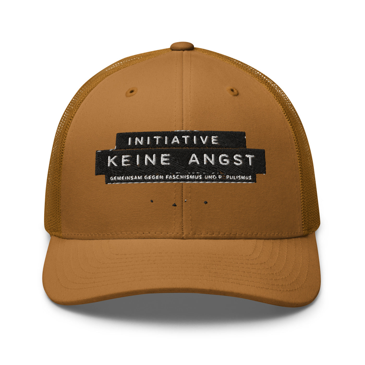 Sonderedition „Wir sind mehr“ – Retro-Trucker-Cap – Caramel – großes Original-Stickmotiv