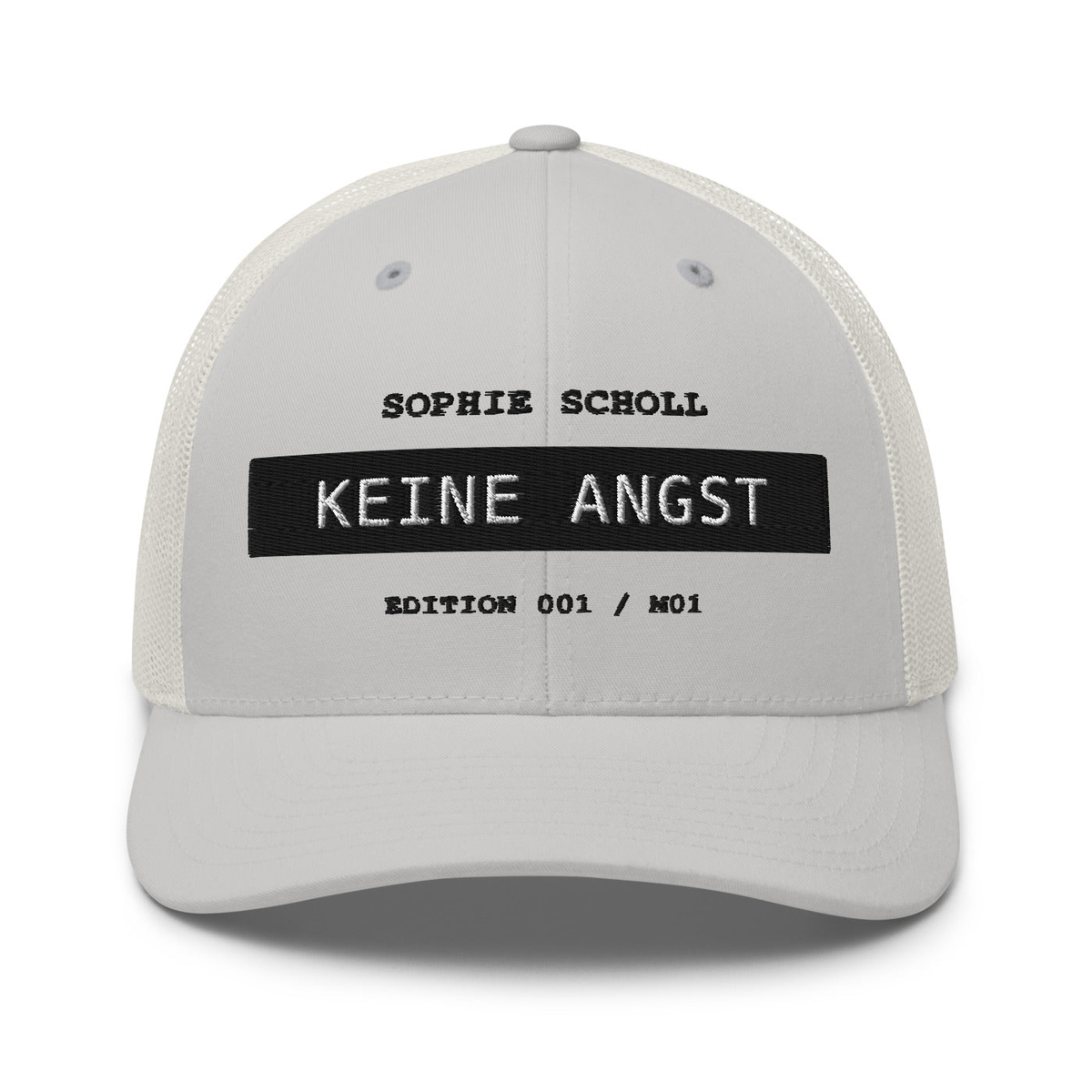 Sophie Scholl – Retro-Trucker-Cap – Silver – großes Original-Stickmotiv