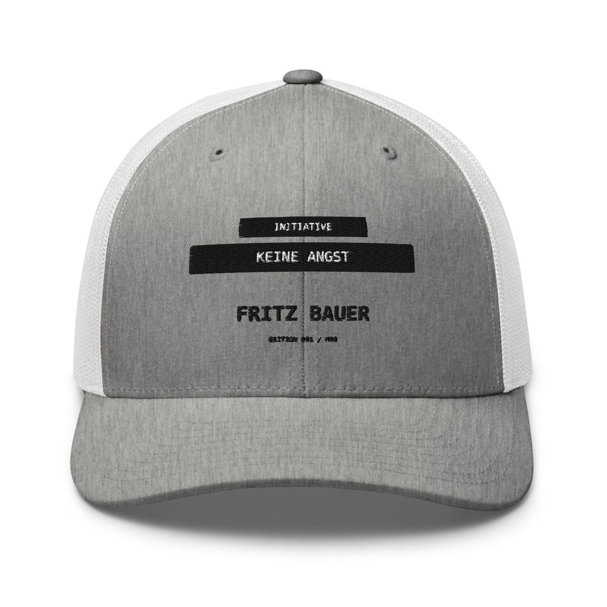 Fritz Bauer – Retro-Trucker-Cap – Heather Grey/White – großes Original-Stickmotiv