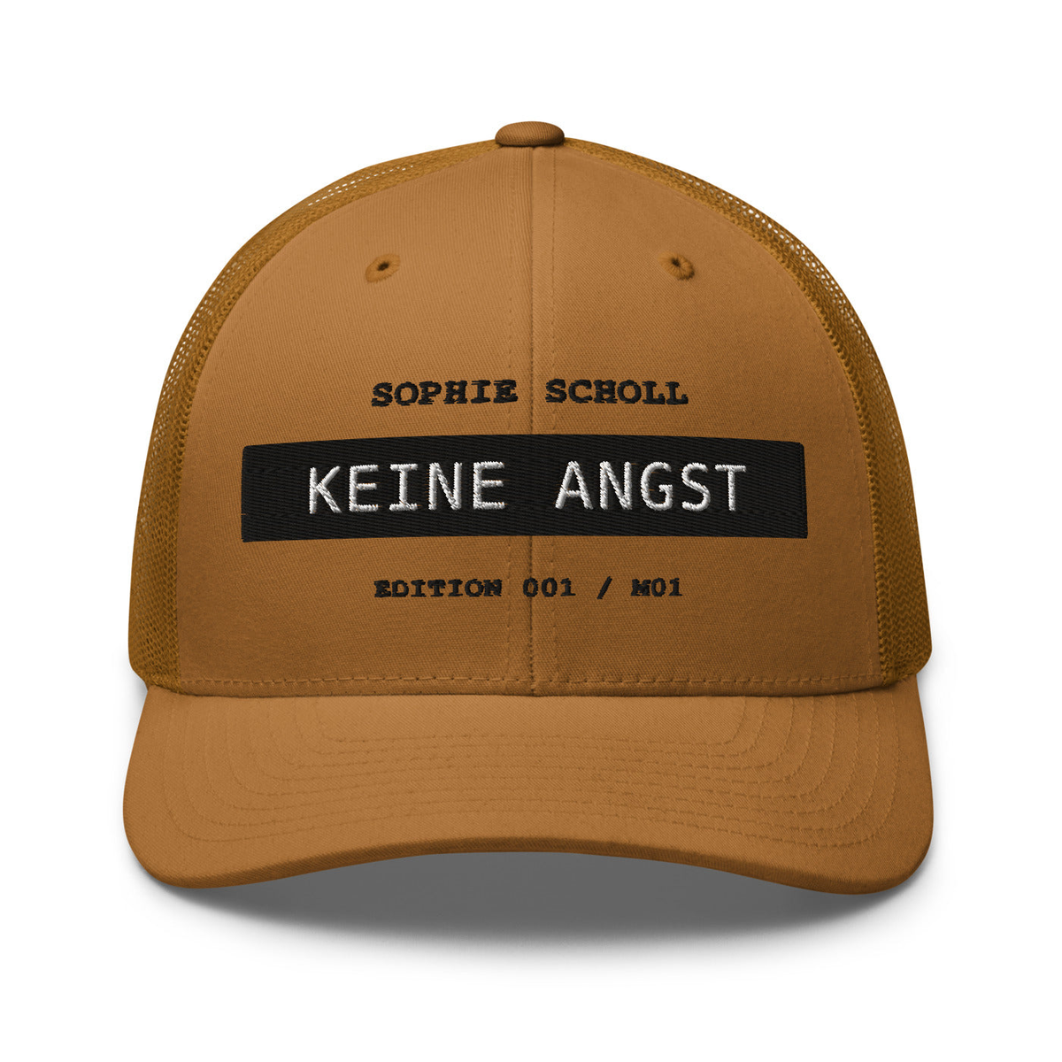 Sophie Scholl – Retro-Trucker-Cap – Caramel – großes Original-Stickmotiv