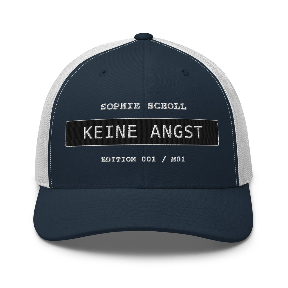 Sophie Scholl – Retro-Trucker-Cap – Navy/ White – großes Original-Stickmotiv