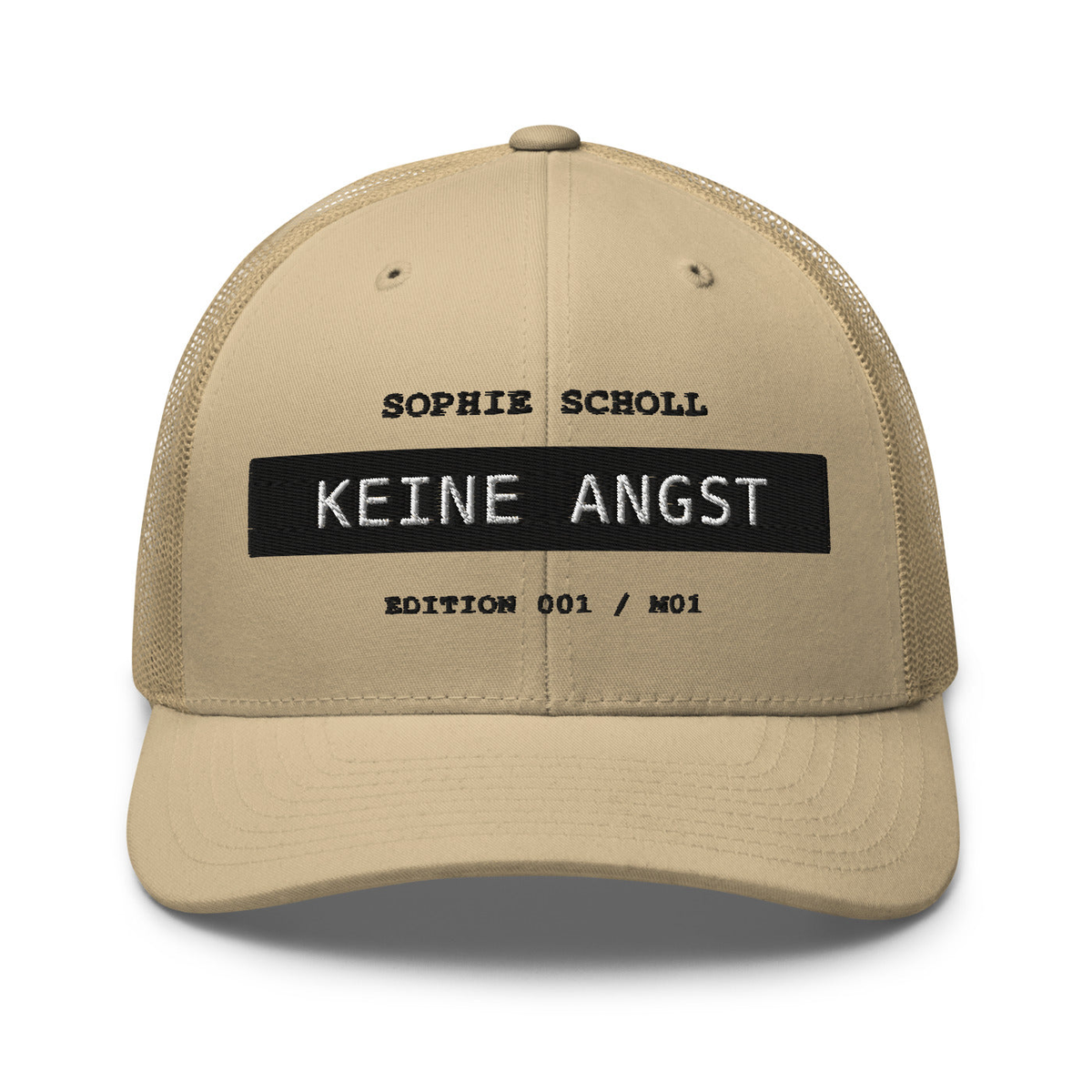 Sophie Scholl – Retro-Trucker-Cap – Khaki – großes Original-Stickmotiv