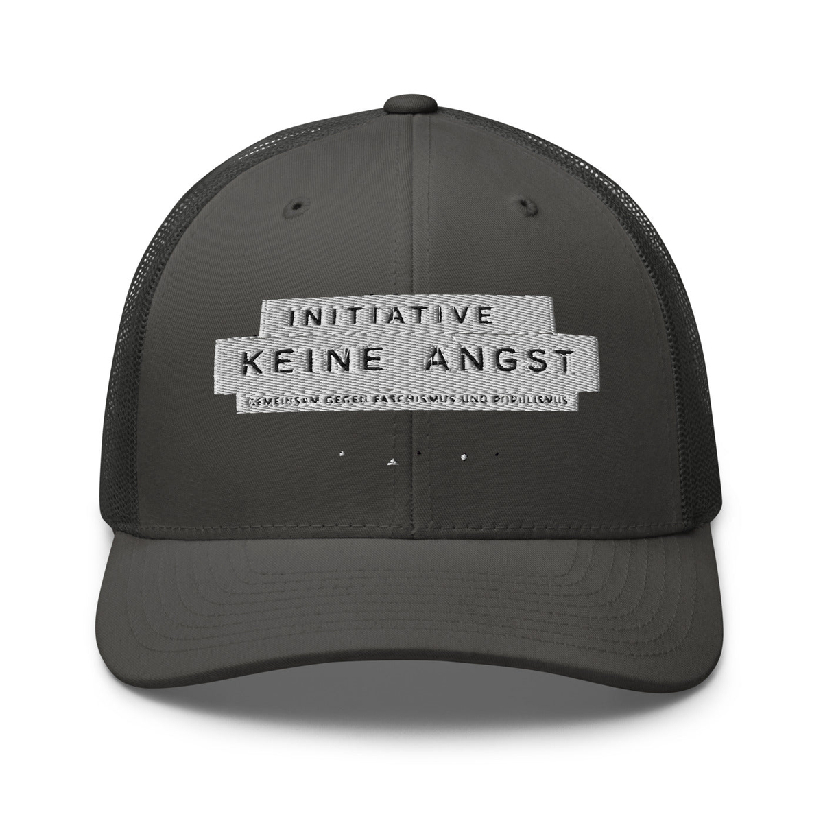 Sonderedition „Wir sind mehr“ – Retro-Trucker-Cap – Charcoal – großes Original-Stickmotiv