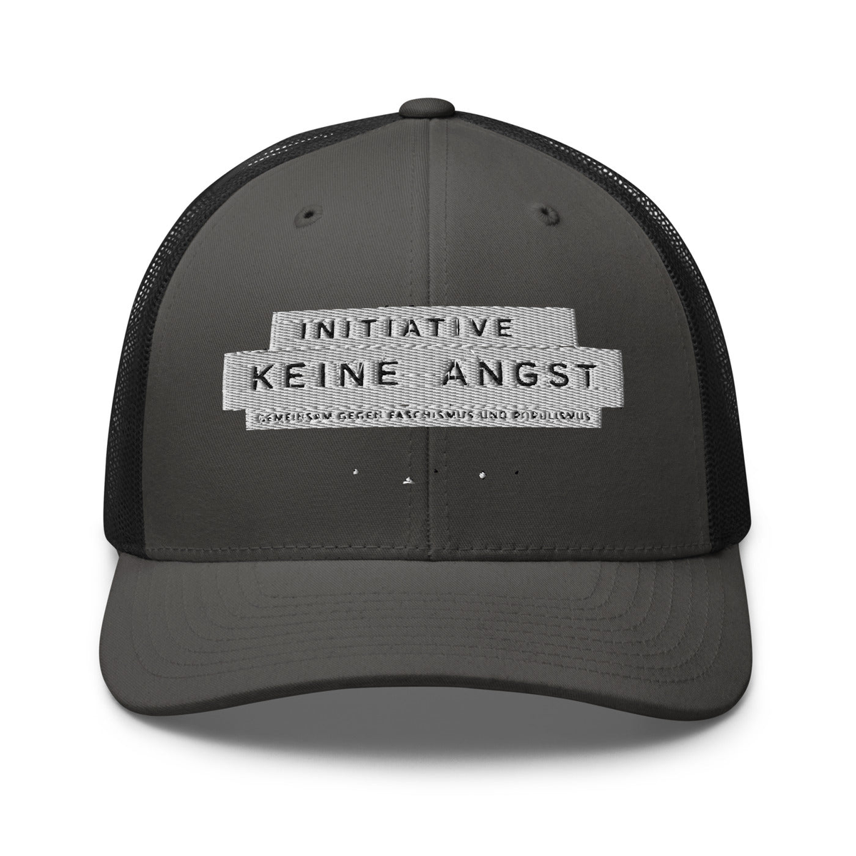 Sonderedition „Wir sind mehr“ – Retro-Trucker-Cap – Charcoal/ Black – großes Original-Stickmotiv