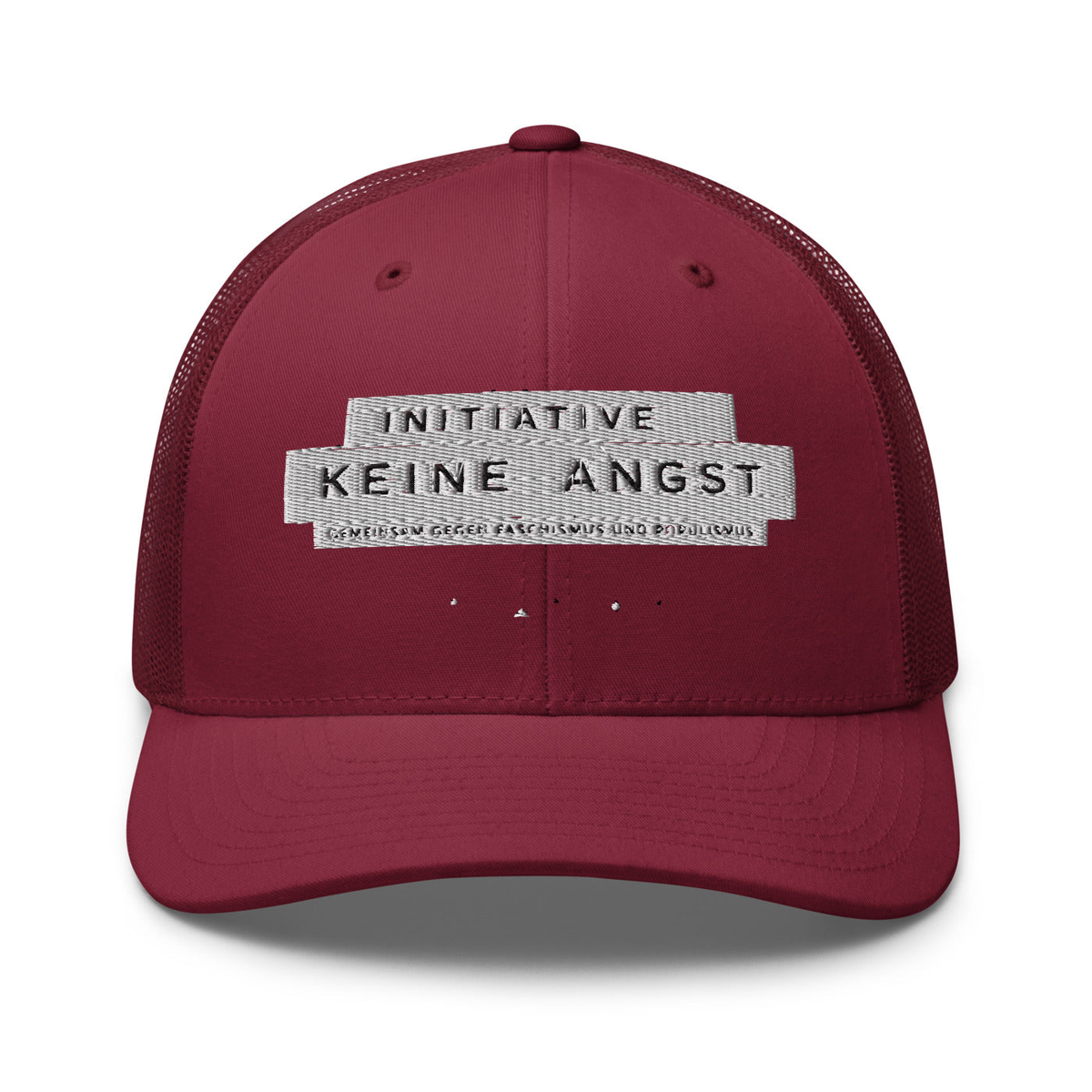 Sonderedition „Wir sind mehr“ – Retro-Trucker-Cap – Cranberry – großes Original-Stickmotiv