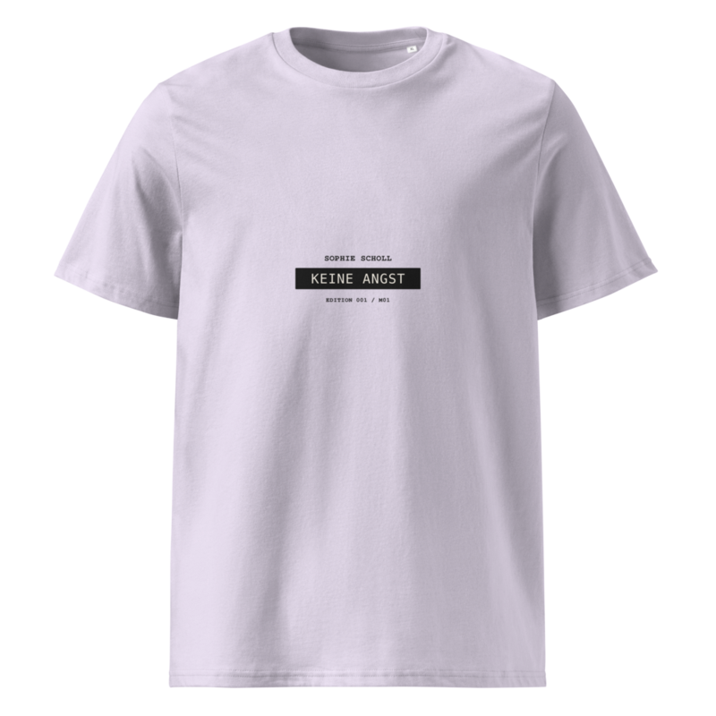 Sophie Scholl – Keine Angst | Creator 2.0 · Lavender · unisex-organic-cotton-creator-2.0-t-shirt-lavender-front-6a9e6357906ea.png