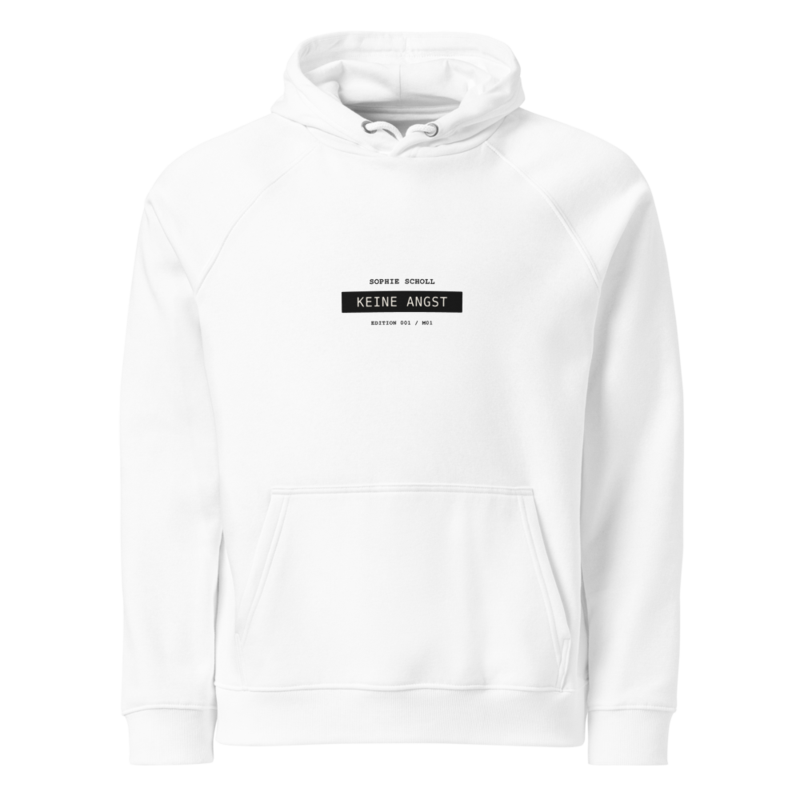 Sophie Scholl – Unisex Bio-Raglan-Hoodie · White · unisex-eco-raglan-hoodie-white-front-6a9f1fa0414f2.png