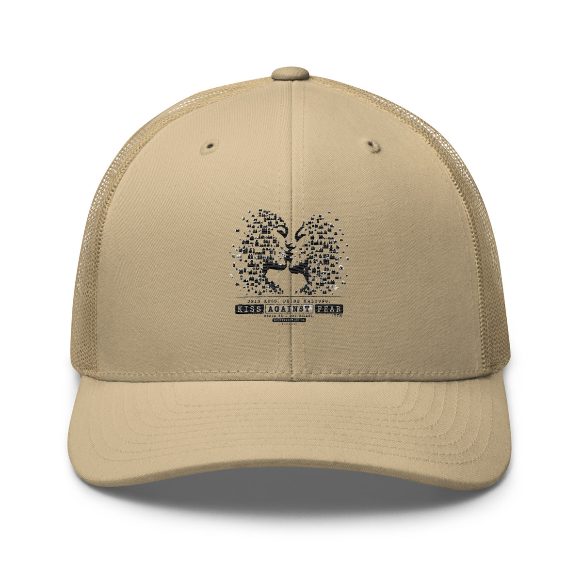 Kiss Against Fear – Deutsch – Retro-Trucker-Cap – Khaki – großes Original-Stickmotiv