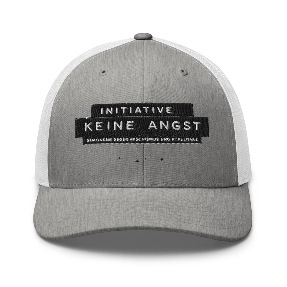 Sonderedition „Wir sind mehr“ – Retro-Trucker-Cap – Heather Grey/White – großes Original-Stickmotiv