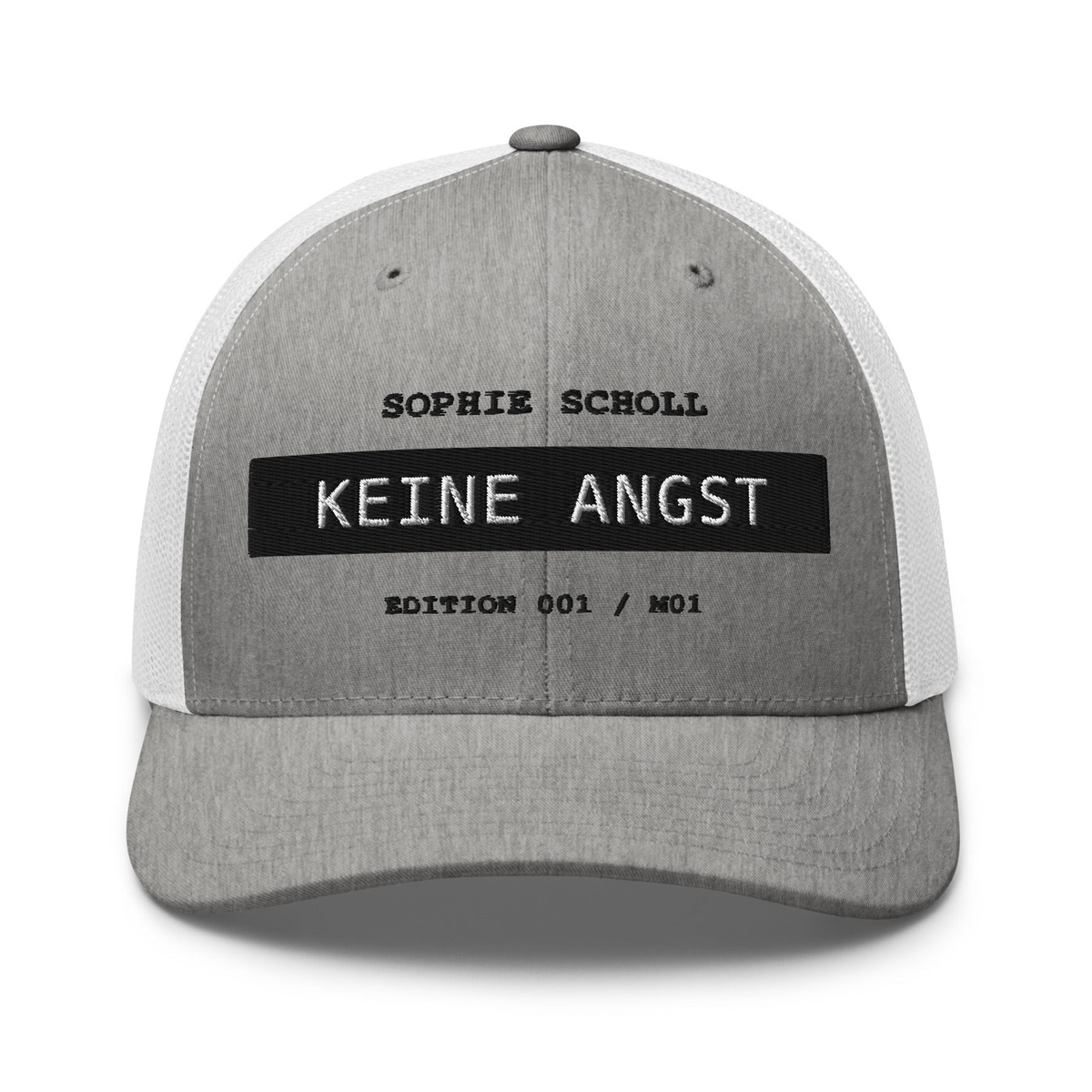 Sophie Scholl – Retro-Trucker-Cap – Heather Grey/White – großes Original-Stickmotiv
