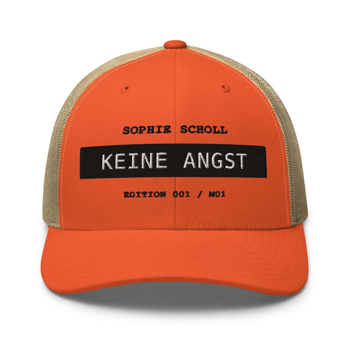 Sophie Scholl – Retro-Trucker-Cap – Rustic Orange/ Khaki – großes Original-Stickmotiv