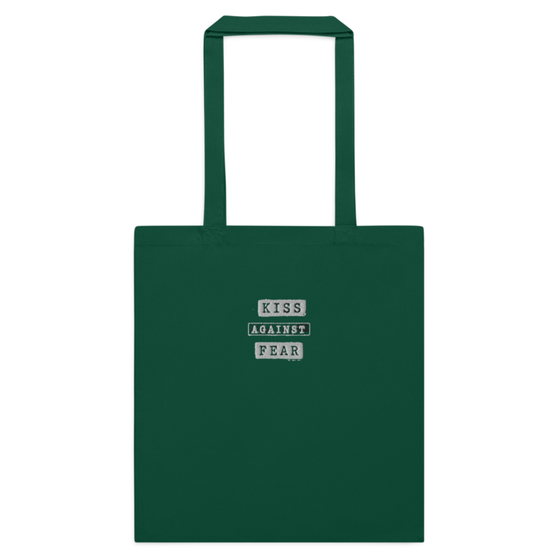 Kiss Against Fear – Deutsch – Baumwolltasche mit langen Henkeln · Bottle Green · cotton-color-tote-bag-bottle-green-front-6aa24d5e296a9.png