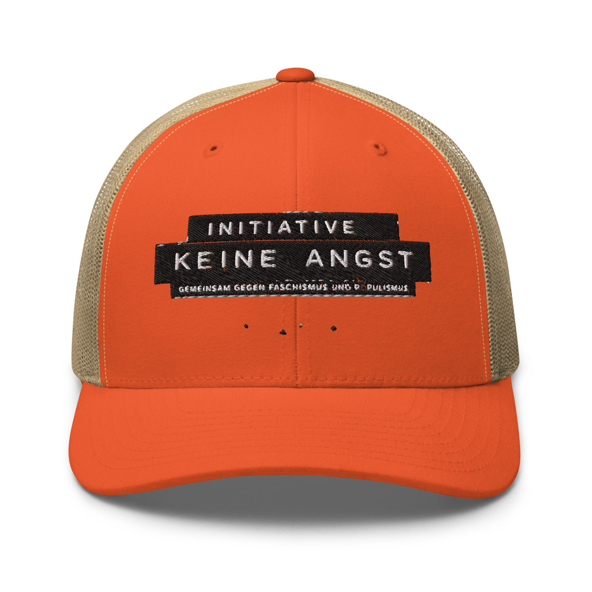 Sonderedition „Wir sind mehr“ – Retro-Trucker-Cap – Rustic Orange/ Khaki – großes Original-Stickmotiv