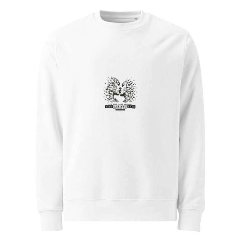 Kiss Against Fear – Deutsch – Unisex Bio-Pullover · White · unisex-eco-changer-2.0-sweatshirt-white-front-6aa1a279e2014.png