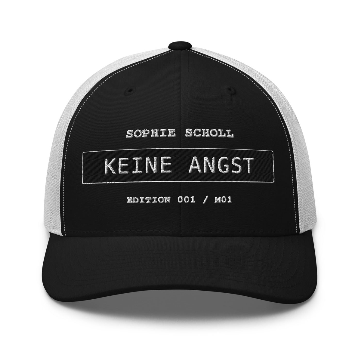 Sophie Scholl – Retro-Trucker-Cap – Black/ White – großes Original-Stickmotiv