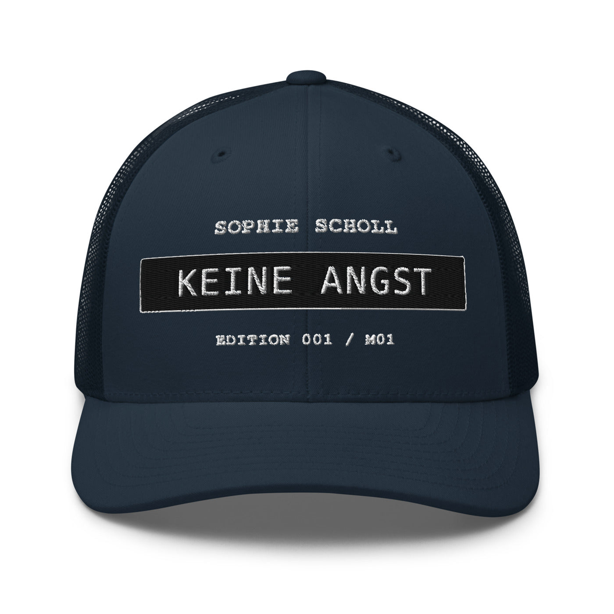 Sophie Scholl – Retro-Trucker-Cap – Navy – großes Original-Stickmotiv