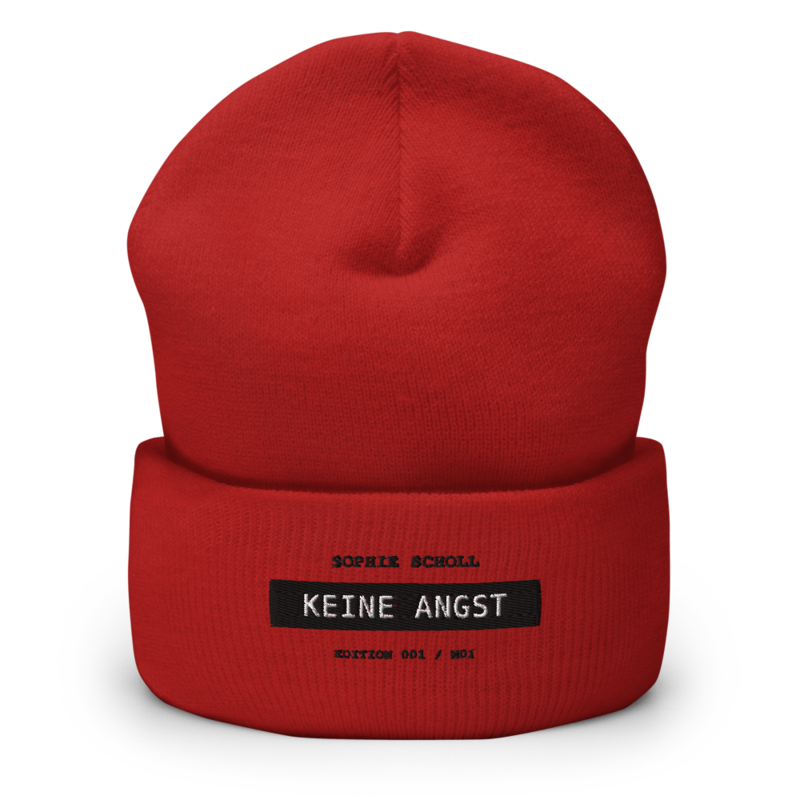 Sophie Scholl – Mütze mit Umschlag · Red · cuffed-beanie-red-front-6a9f801de65a6.png