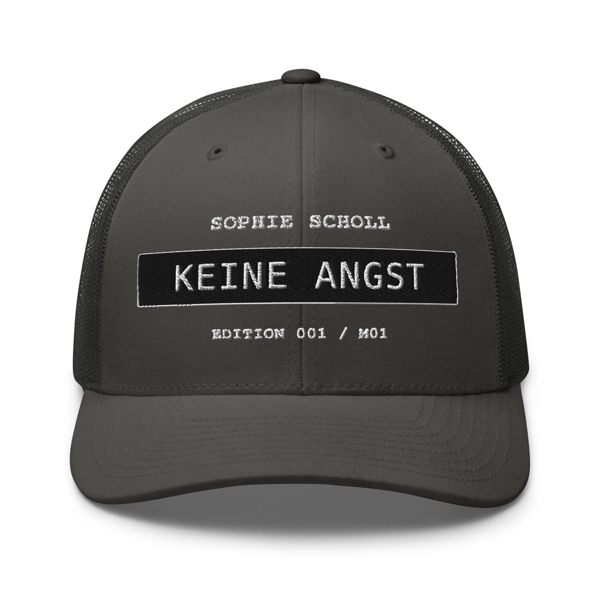 Sophie Scholl – Retro-Trucker-Cap – Charcoal – großes Original-Stickmotiv