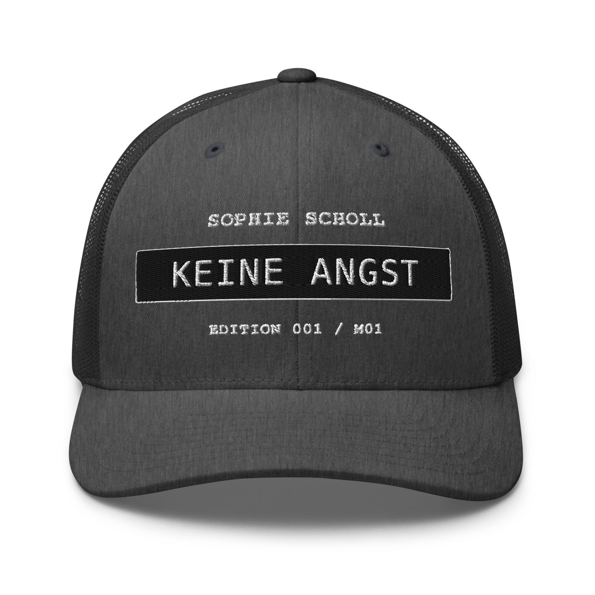 Sophie Scholl – Retro-Trucker-Cap – Dark Heather Gray – großes Original-Stickmotiv