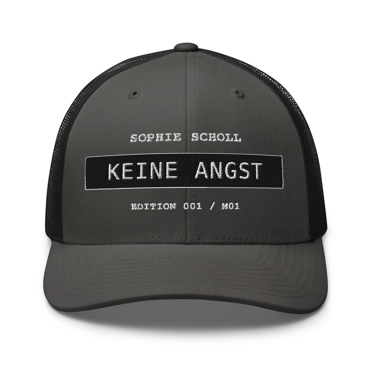 Sophie Scholl – Retro-Trucker-Cap – Charcoal/ Black – großes Original-Stickmotiv