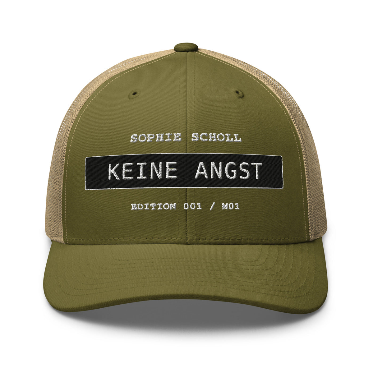 Sophie Scholl – Retro-Trucker-Cap – Moss/ Khaki – großes Original-Stickmotiv