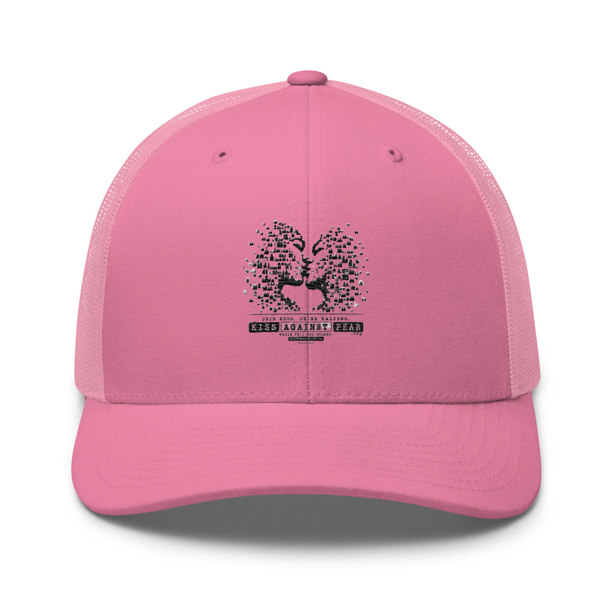 Kiss Against Fear – Deutsch – Retro-Trucker-Cap – Pink – großes Original-Stickmotiv