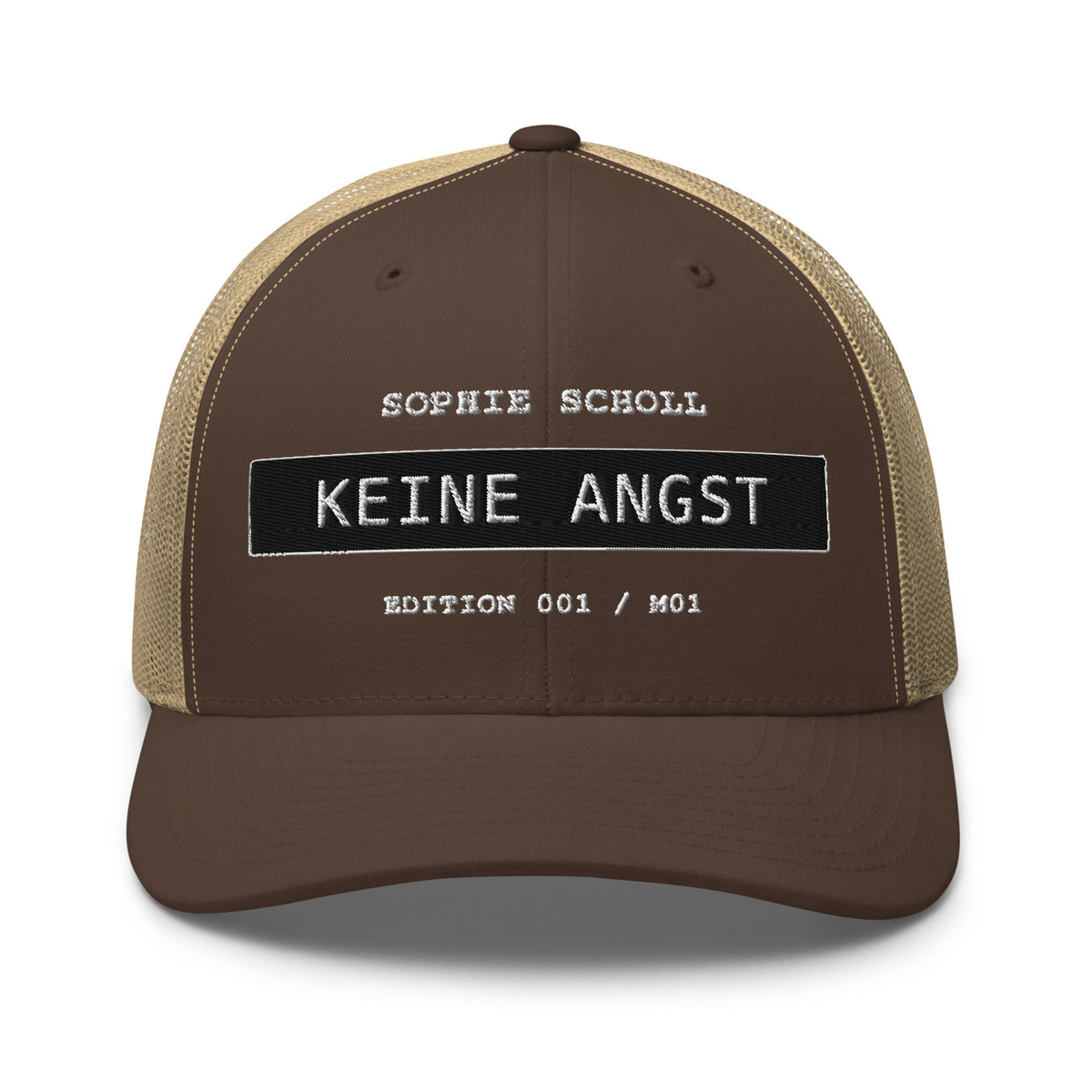 Sophie Scholl – Retro-Trucker-Cap – Brown/ Khaki – großes Original-Stickmotiv