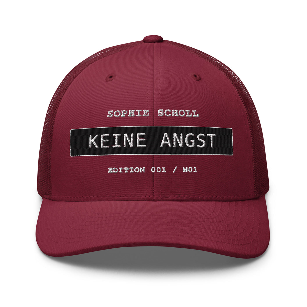 Sophie Scholl – Retro-Trucker-Cap – Cranberry – großes Original-Stickmotiv