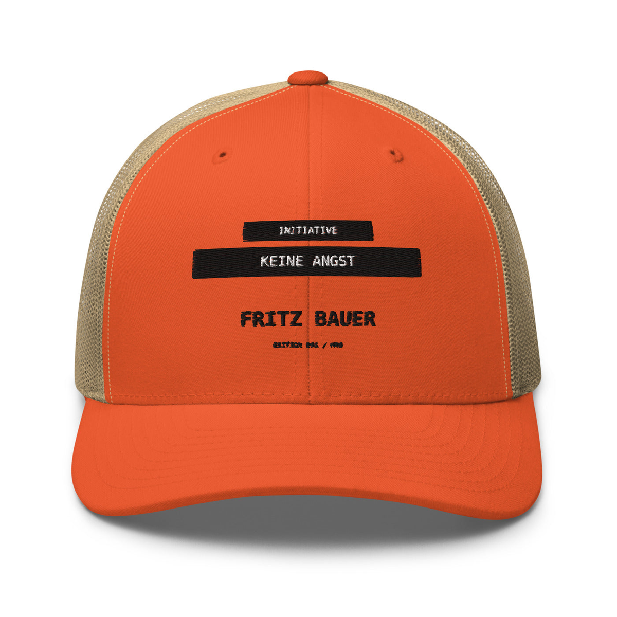 Fritz Bauer – Retro-Trucker-Cap – Rustic Orange/ Khaki – großes Original-Stickmotiv