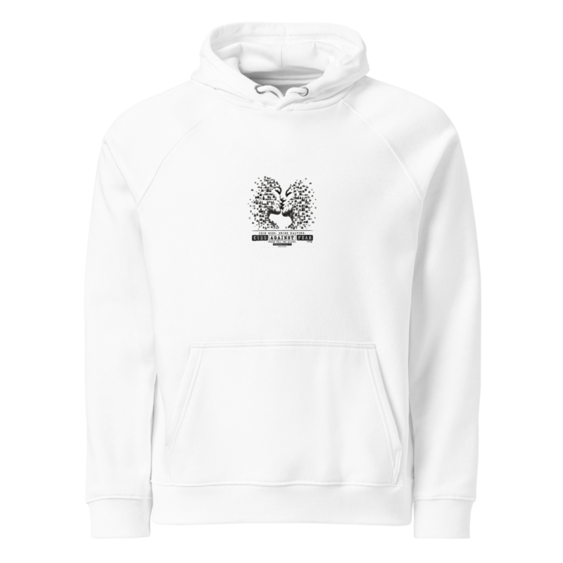 Kiss Against Fear – Deutsch – Unisex Bio-Raglan-Hoodie · White · unisex-eco-raglan-hoodie-white-front-6aa1a38c556f4.png
