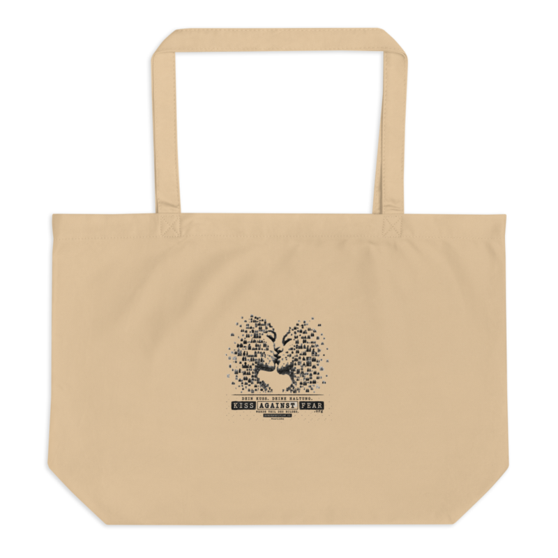 Kiss Against Fear – Deutsch – Große Bio-Tragetasche · Oyster · large-eco-tote-oyster-front-6aa1a03bdc9a1.png