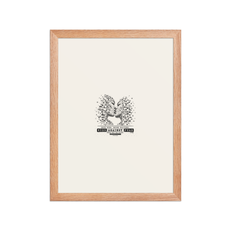 Kiss Against Fear – Deutsch – Gerahmtes Poster auf verbessertem mattem Papier · Red Oak · enhanced-matte-paper-framed-poster-(in)-red-oak-12x16-front-6aa19e78c884f.png