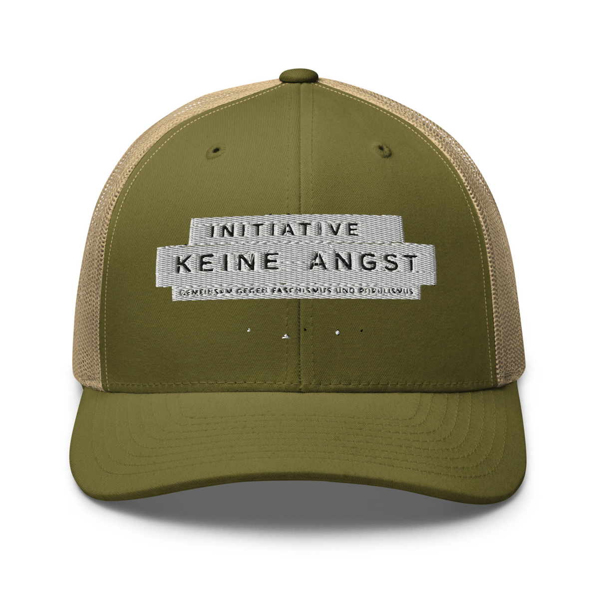 Sonderedition „Wir sind mehr“ – Retro-Trucker-Cap – Moss/ Khaki – großes Original-Stickmotiv