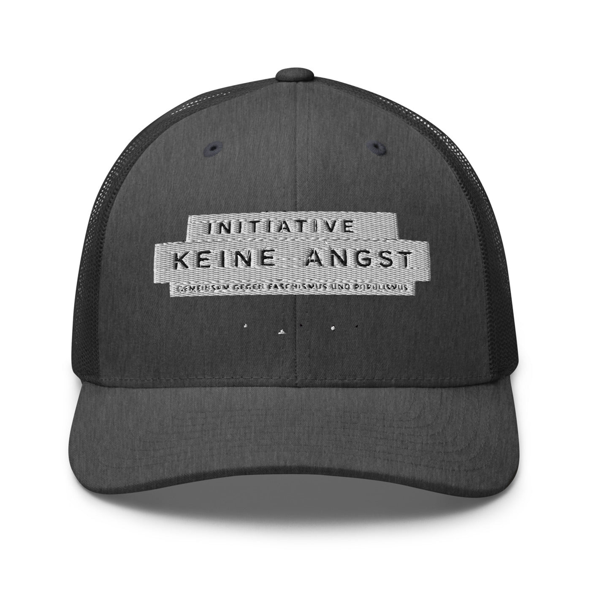 Sonderedition „Wir sind mehr“ – Retro-Trucker-Cap – Dark Heather Gray – großes Original-Stickmotiv