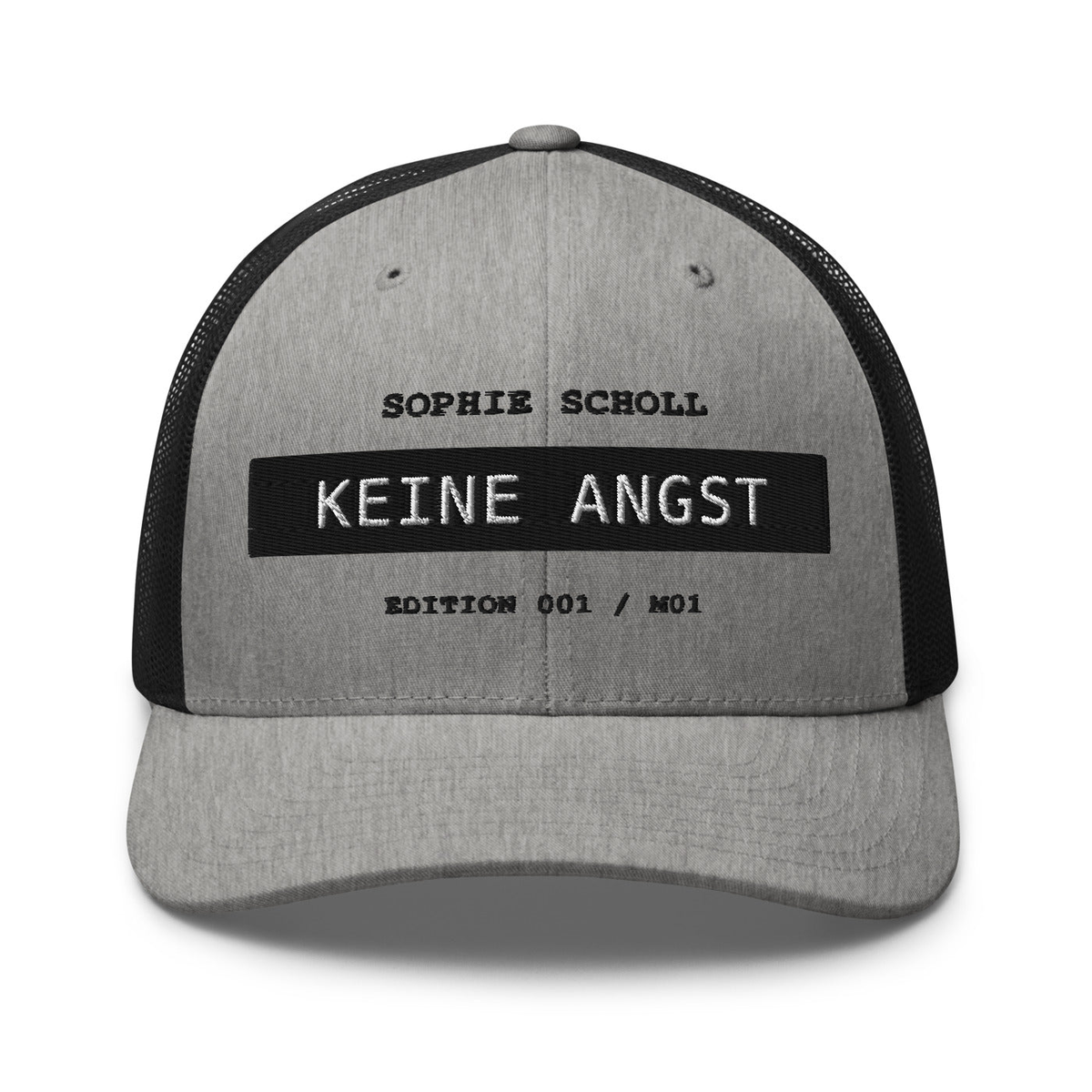 Sophie Scholl – Retro-Trucker-Cap – Heather/ Black – großes Original-Stickmotiv