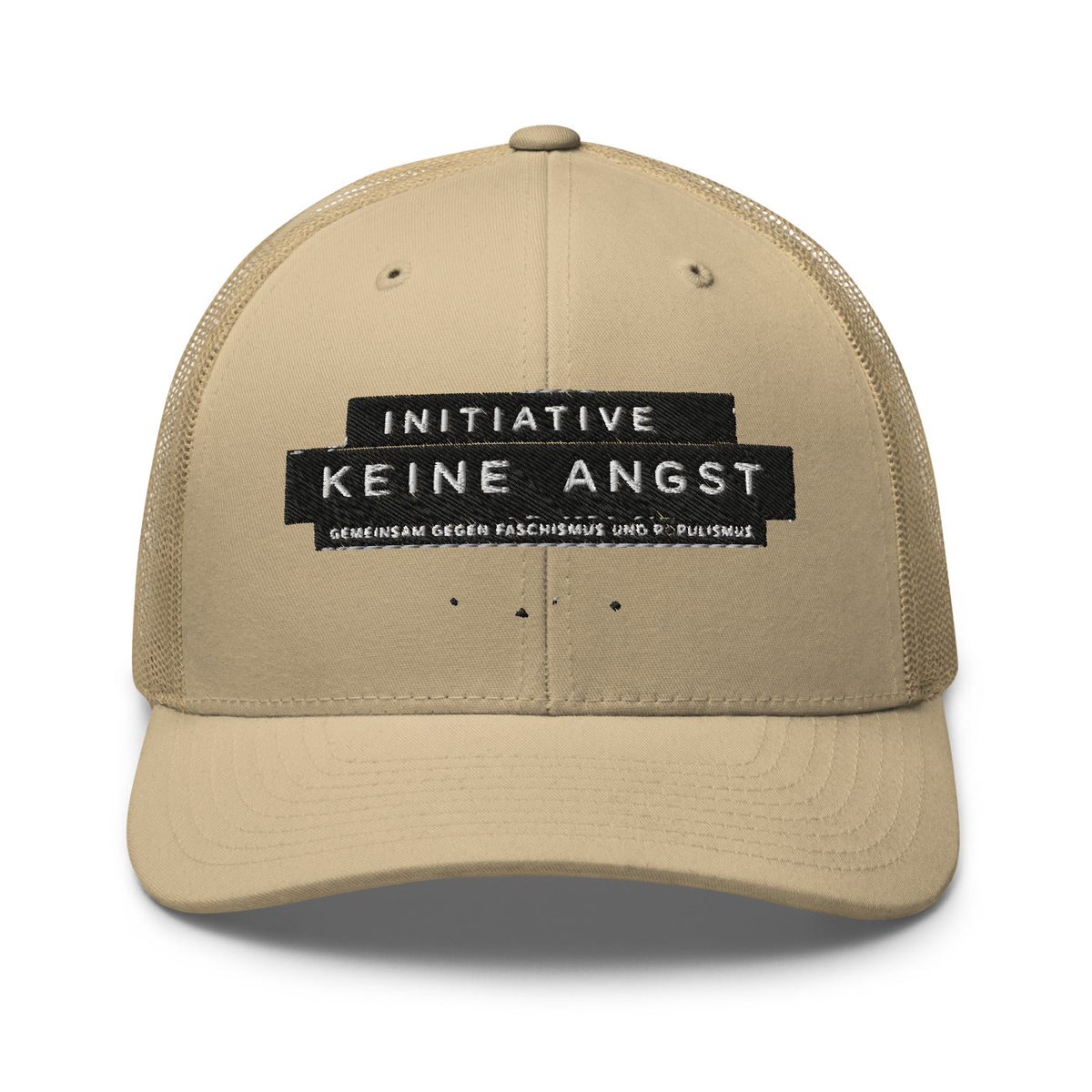 Sonderedition „Wir sind mehr“ – Retro-Trucker-Cap – Khaki – großes Original-Stickmotiv