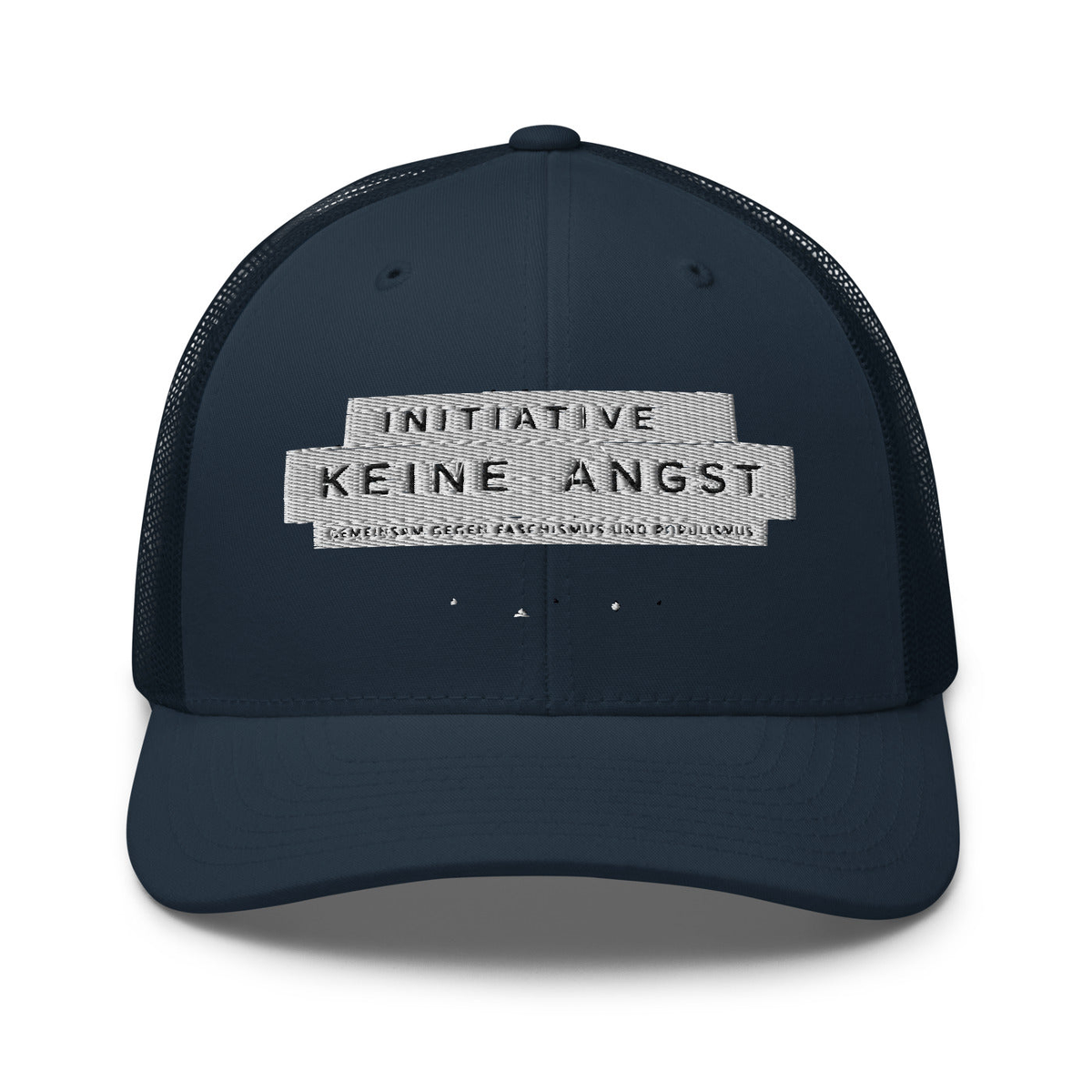 Sonderedition „Wir sind mehr“ – Retro-Trucker-Cap – Navy – großes Original-Stickmotiv
