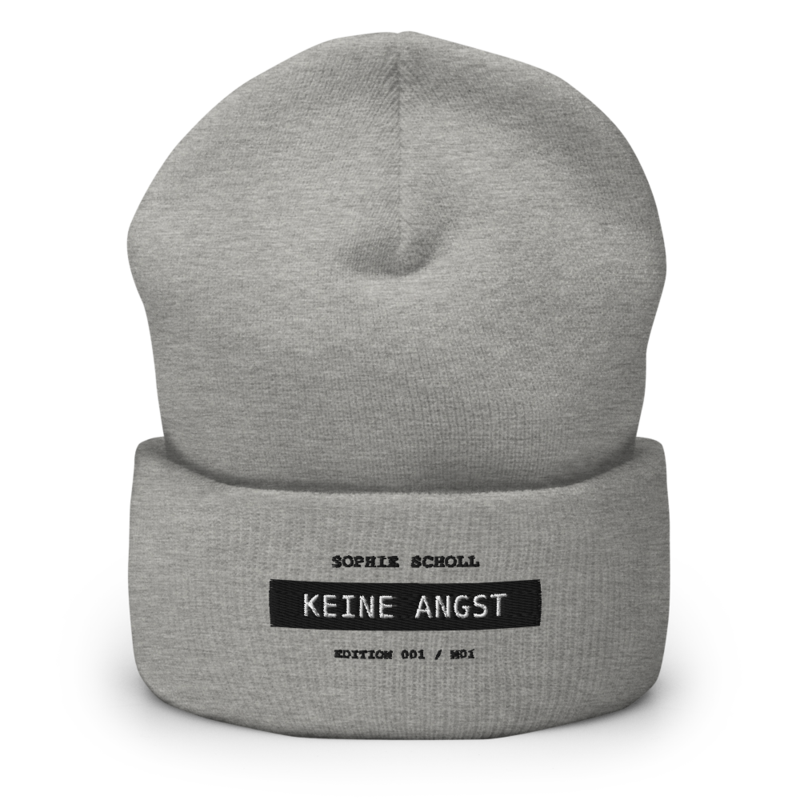 Sophie Scholl – Mütze mit Umschlag · Heather Grey · cuffed-beanie-heather-grey-front-6a9f801e73ed7.png
