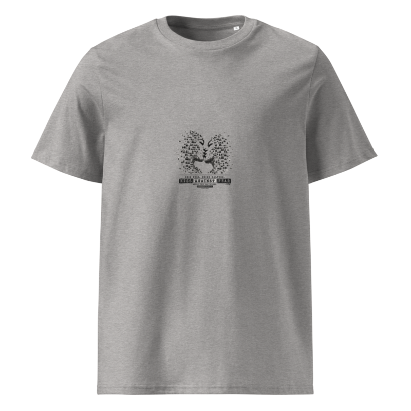 Kiss Against Fear – Deutsch – Unisex T-Shirt aus Bio-Baumwolle Creator 2.0 · Heather Grey · unisex-organic-cotton-creator-2.0-t-shirt-heather-grey-front-6aa1a09f1c069.png