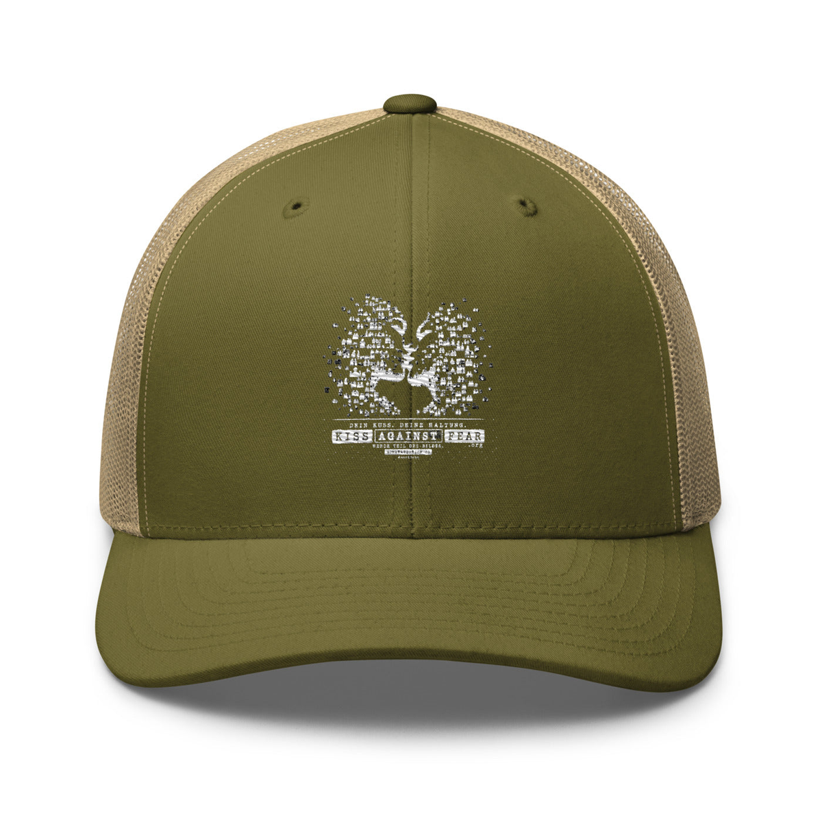 Kiss Against Fear – Deutsch – Retro-Trucker-Cap – Moss/ Khaki – großes Original-Stickmotiv