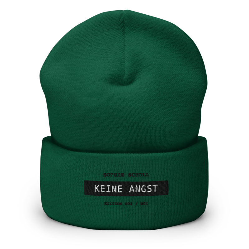 Sophie Scholl – Mütze mit Umschlag · Spruce · cuffed-beanie-spruce-front-6a9f801ddf93f.png