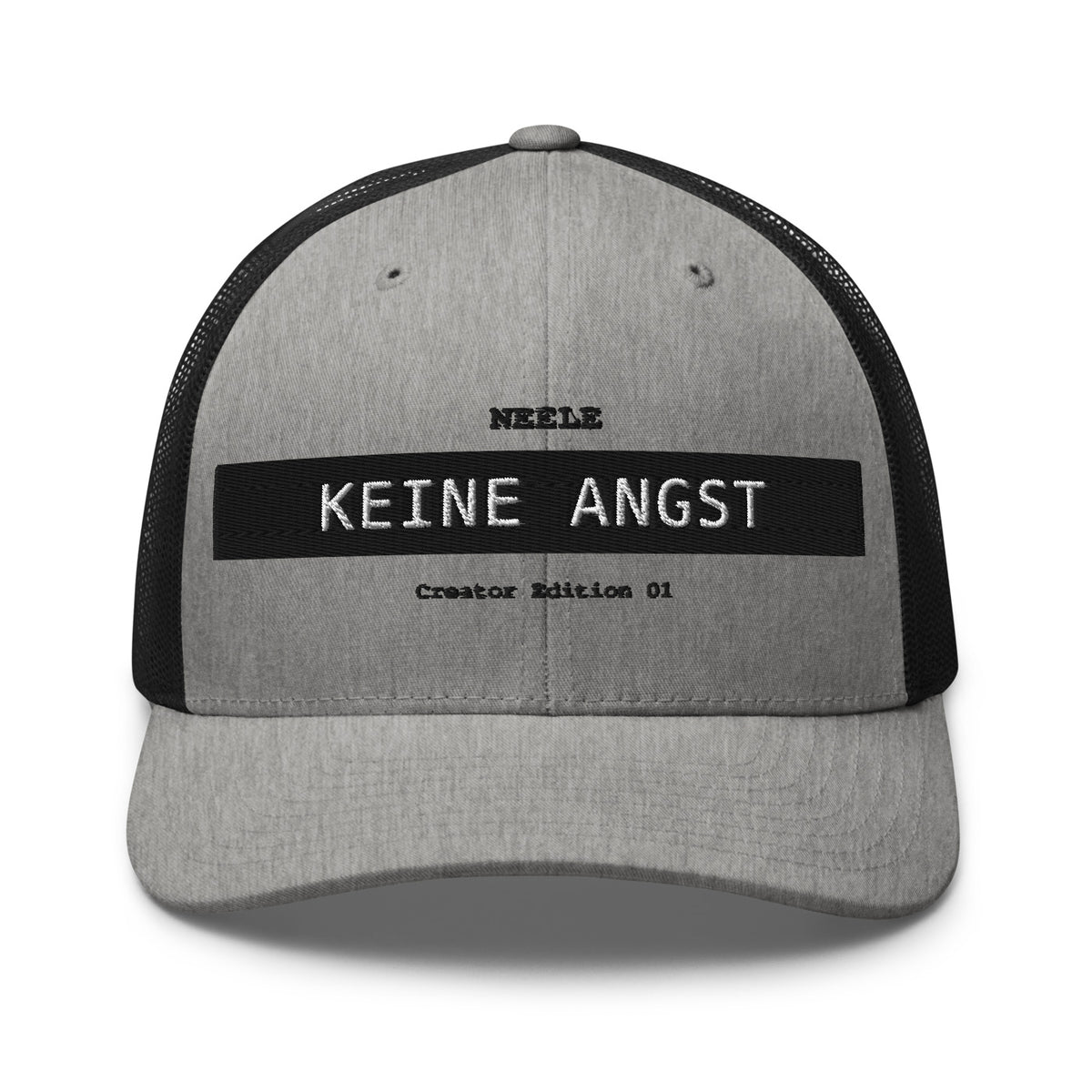 Neele – Retro-Trucker-Cap · Heather/ Black · Vorderansicht | Originalmotiv