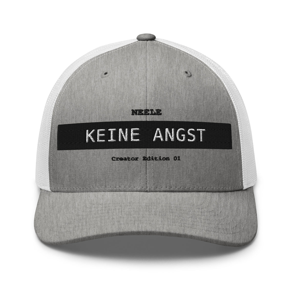 Neele – Retro-Trucker-Cap · Heather Grey/White · Vorderansicht | Originalmotiv