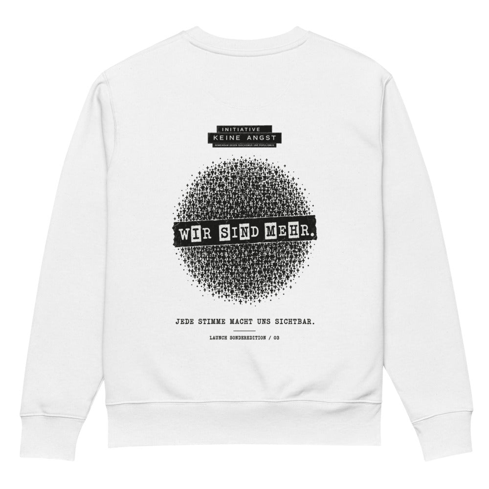 Sonderedition „Wir sind mehr“ – Unisex Bio-Pullover – White – Rückansicht | Originalmotiv