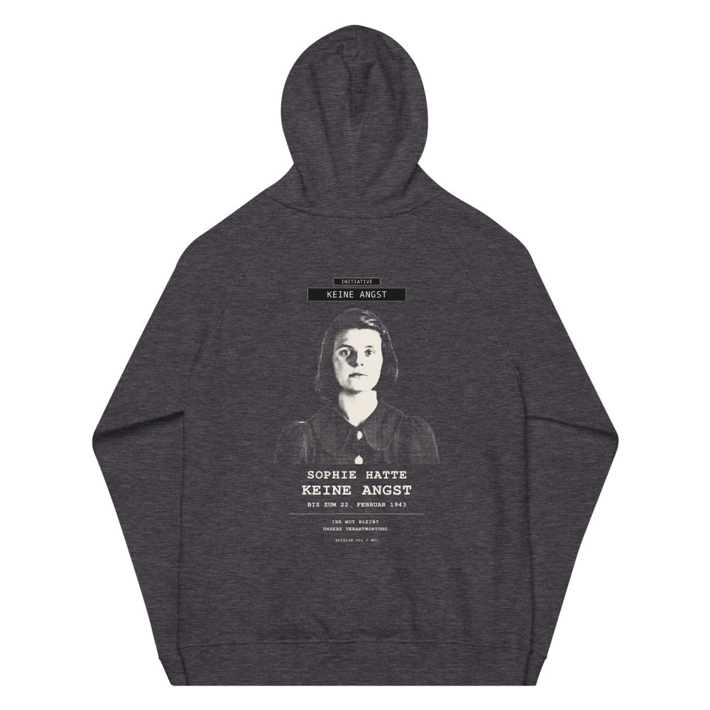 Sophie Scholl – Unisex Bio-Raglan-Hoodie – Charcoal Melange – Rückansicht | Originalmotiv