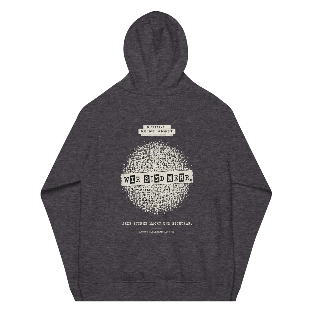 Sonderedition „Wir sind mehr“ – Unisex Bio-Raglan-Hoodie – Charcoal Melange – Rückansicht | Originalmotiv