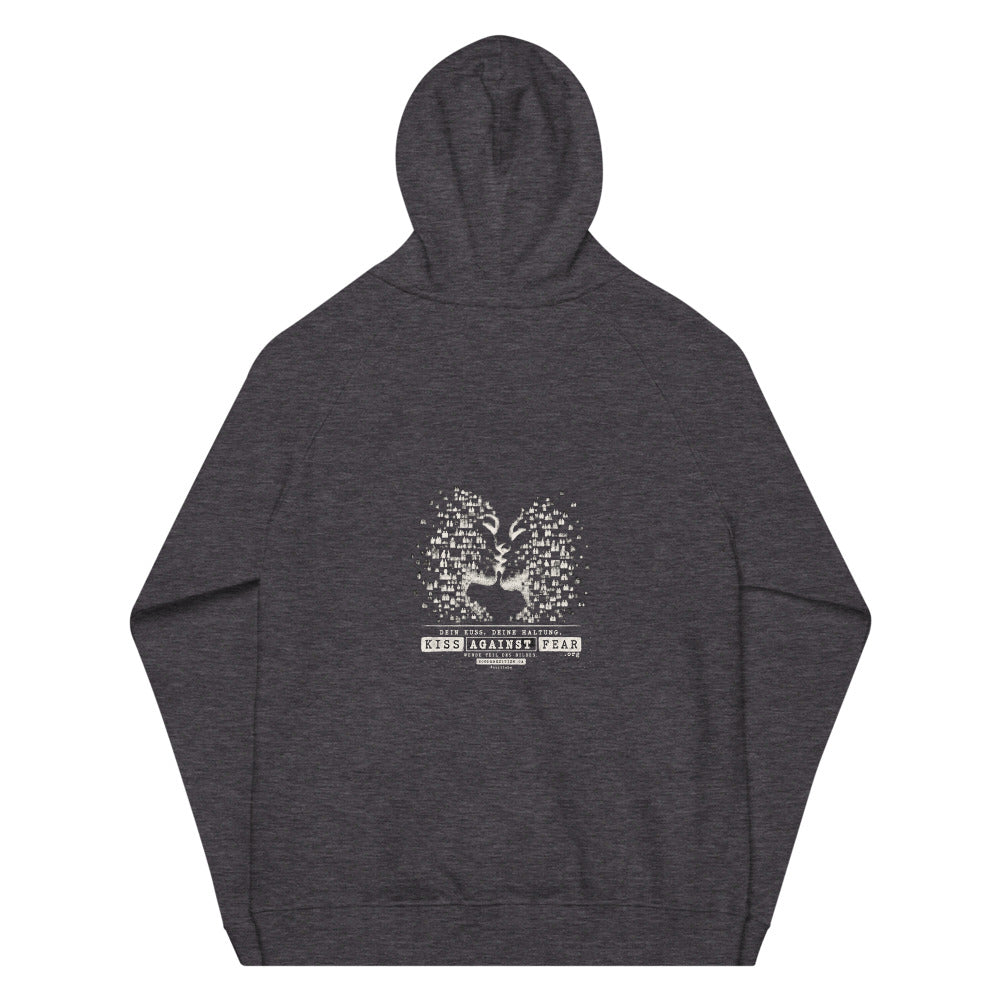 Kiss Against Fear – Deutsch – Unisex Bio-Raglan-Hoodie – Charcoal Melange – Rückansicht | Originalmotiv