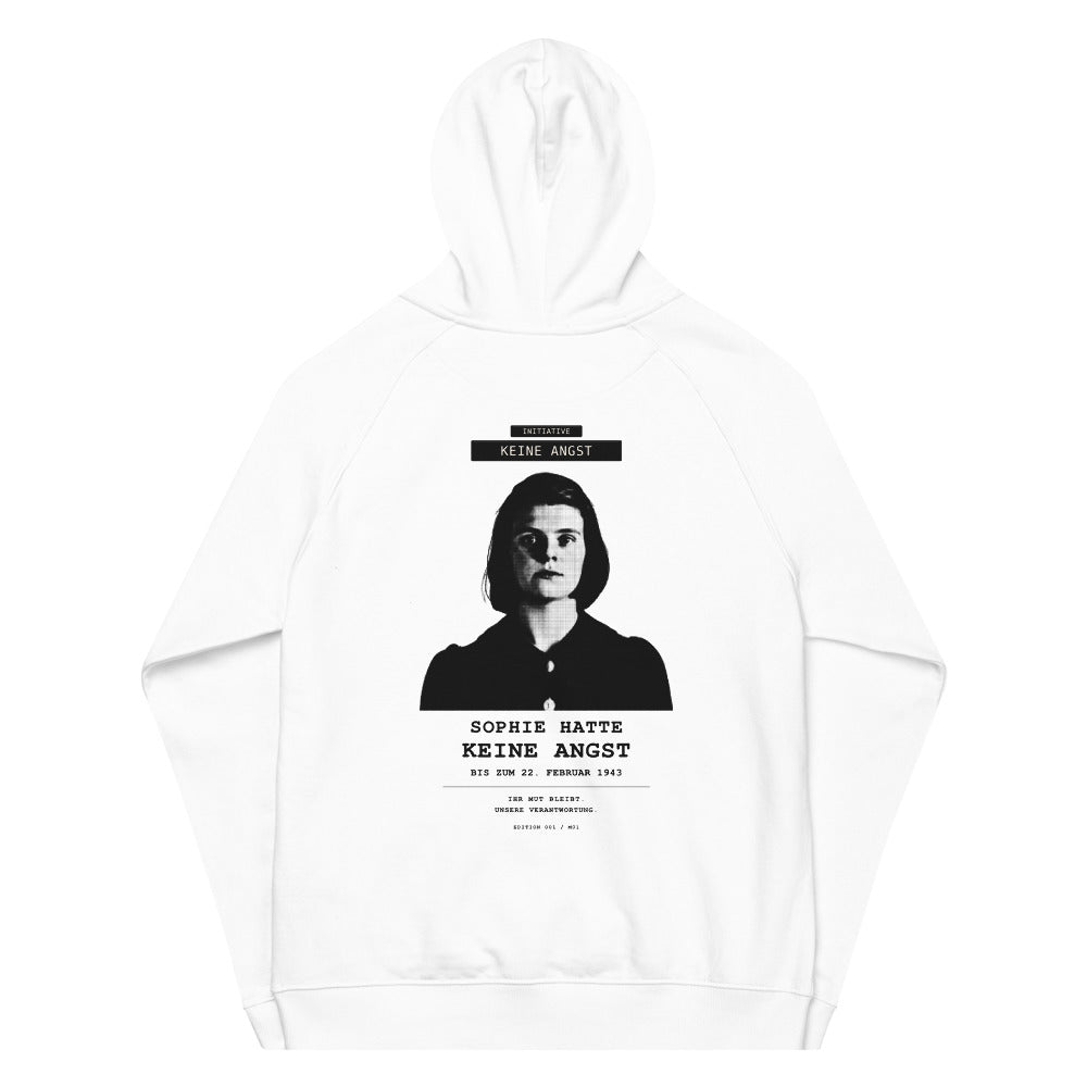 Sophie Scholl – Unisex Bio-Raglan-Hoodie – White – Rückansicht | Originalmotiv
